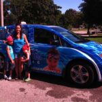 Mother With Two Children beside Blue Car